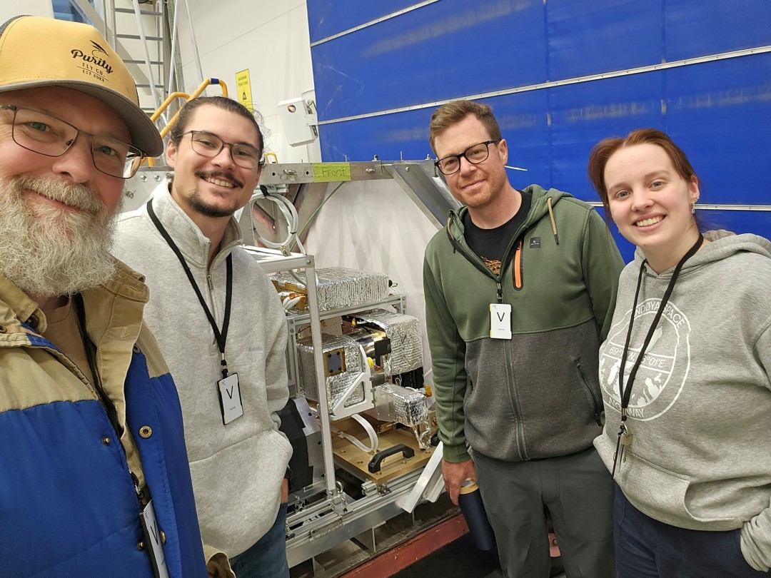 From left: Paul Loewen, research engineer; Isaac Nichols, PhD student; Dr. Adam Bourassa (PhD), professor; Eilidh Hlady, undergraduate student. (Photo: Submitted)