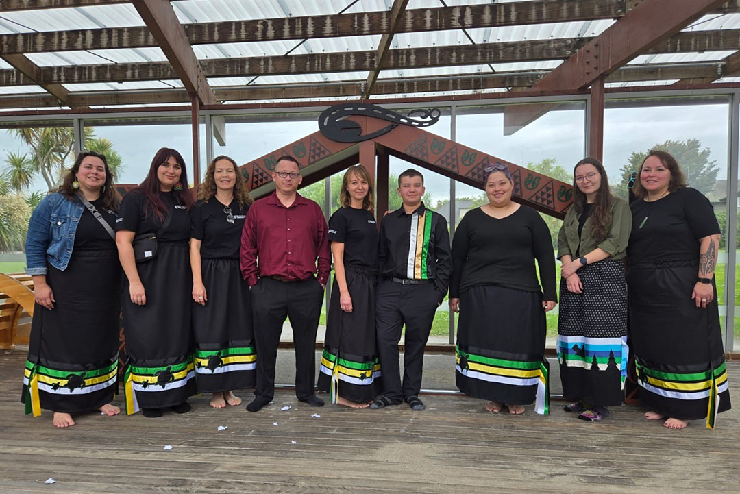 Office of the Vice-Provost, Indigenous Engagement team members with members of Massey University.  Back row: Anteia Waldron, Trent Leslie, Chantelle Fleury, Trenna Vanghel, Angela Jaime, Front row: Aidyn Sokol Como, Amaranta Sokol,  Vanessa Hyggen