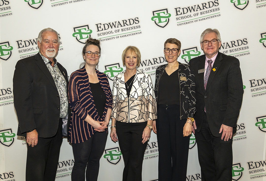 L to r: Bonnie and Russel Marcoux (BA’73), pictured with their daughter Michelle Marcoux (BSc’06), attended a special event on Feb. 9, 2026, celebrating the launch of the Marcoux Leadership Program at USask. (Photography by Photos by Colton)