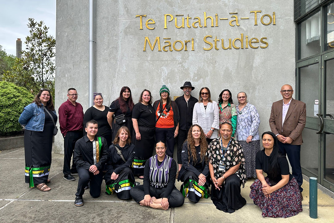Office of the Vice-Provost, Indigenous Engagement team members with members of Massey University.  Back row: Anteia Waldron, Trent Leslie, Chantelle Fleury, Trenna Vanghel, Angela Jaime, Front row: Aidyn Sokol Como, Amaranta Sokol,  Vanessa Hyggen