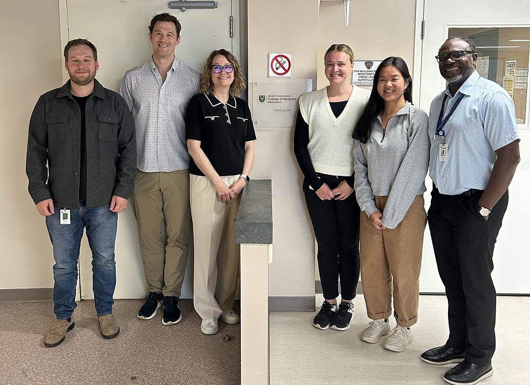 USask College of Medicine Dean Sarah Forgie (third from left) with physicians and USask medical students at the Saskatchewan Longitudinal Integrated Clerkship program site in Melfort. (Photo: Submitted)