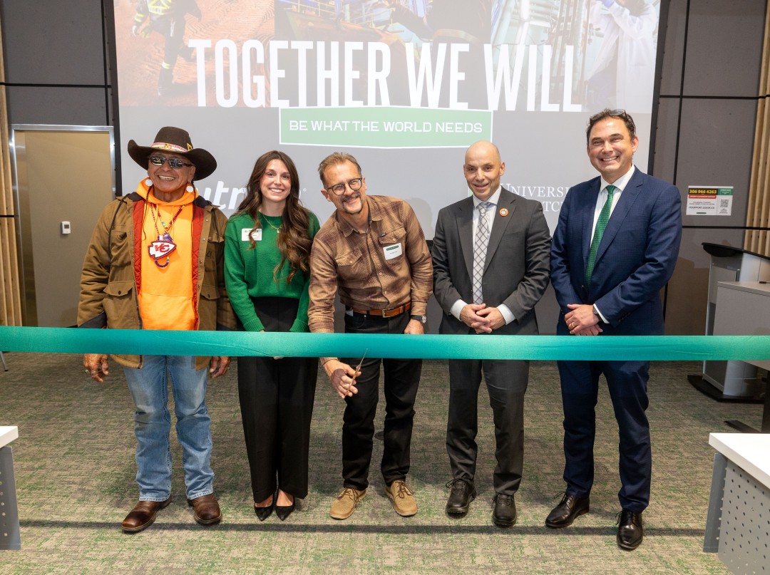 From left: Elder Tim Eashappie, student Emma Hrymak, Craig Funk, Director, Subsurface and Land (Nutrien), USask President Vince Bruni-Bossio, and Dean Michael Bradley (College of Engineering) officially open the Nutrien Lecture Theatre in the Engineering Building on Oct. 16, 2026. (Photo: Dave Stobbe)