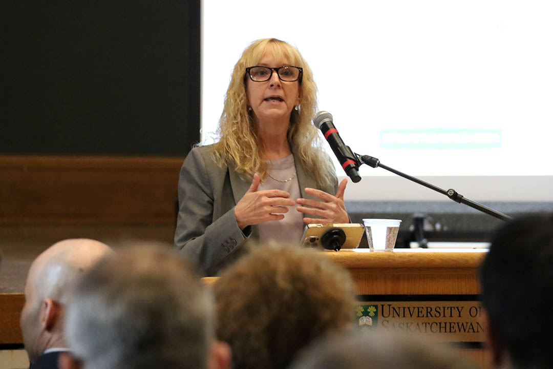 University of Saskatchewan (USask) Chief Financial Officer Deidre (Dee) Henne led her third Financial Town Hall on April 23, 2026. (Photo: Erica Schindel)