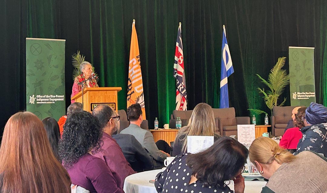 Elders Linda Young, Roland Duquette and Norman Fleury and Vice-Provost Indigenous Engagement Dr. Angela Jaime (PhD) hold a discussion at USask’s 10th ohpahotân | oohpaahotaan symposium on April 17. (Photo: Ashley Dopko)